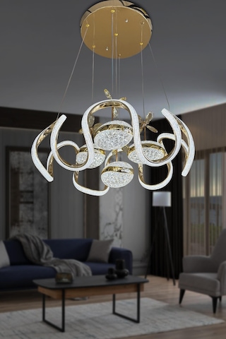 Eliza 4 Toplu Simli Slikonlu Modern Yüksek Işık Salon Led Avizesi - Kumandalı / Gold Gold