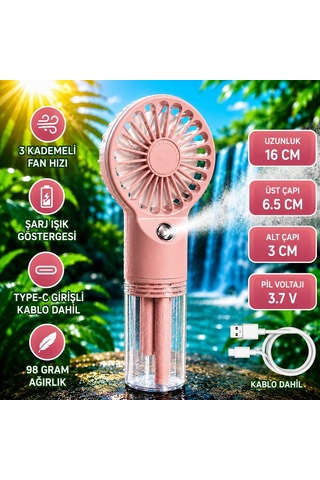 Vıp Yüksek Kalite Pembe Mini Su Buharlı El Fanı 4 Kademeli Hız Şarjlı El Fanı Hava Nemlendiricili