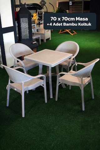 Alezy Bambu Balkon Bahçe Masa Takımı 4 Kişilik 70x70 Masa 4 Adet Bambu Koltuk Cappucino
