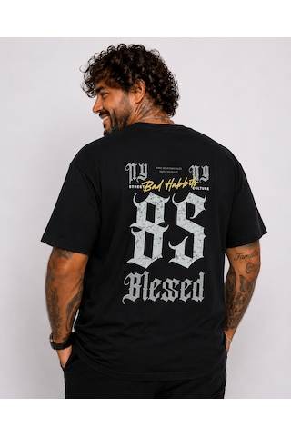 Moc Grande Mocgrande Erkek Büyük Beden Sıfır Yaka Tişört Blessed 26147 Sıyah SIYAH
