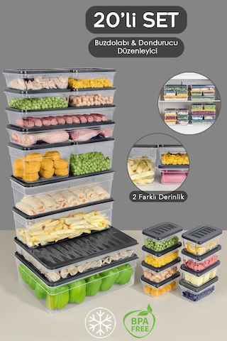 20'li Mikrodalga Uyumlu Organizer Set Düzenleyici Gıda Erzak Saklama Kabı Derin Ve Sığ Antrasit