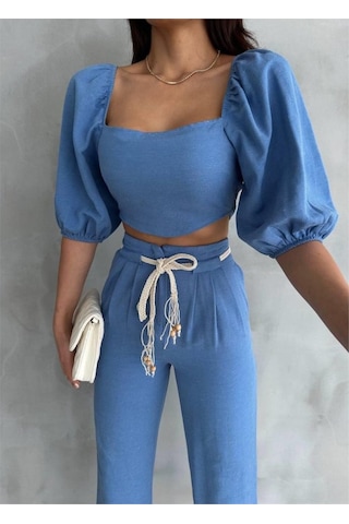 İkales Keten Crop Karpuz Kol Bluz-pantolon Hasır Kemerli - Mavi