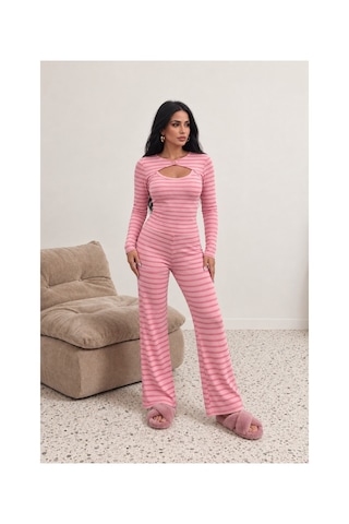 Evoa Kadın Pembe 3'lü Çizgili Atletli Ve Bolerolu Pijama Takım