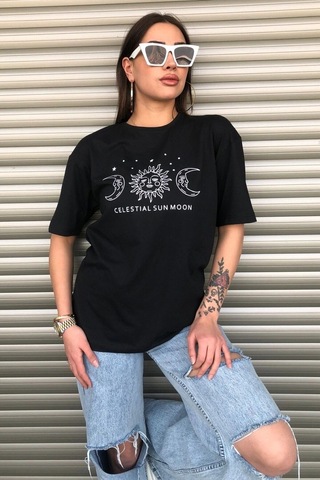 Startmore Bisiklet Yaka Siyah Ay Baskılı Oversize Siyah