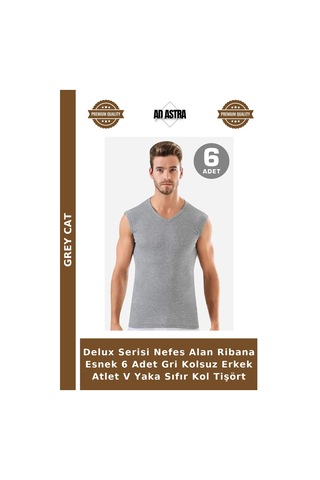 Grey Cat Delux Serisi Nefes Alan Ribana Esnek 6 Adet Gri Kolsuz Erkek Atlet V Yaka Sıfır Kol Tişört Gri-6