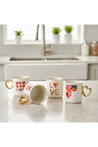 Gold Saplı Porselen Kalp Kupa - 400 Ml Büyük Boy Lüks Tasarım - 4 Farklı Modelden Biri Sürpriz/asorti - Altın Diğer