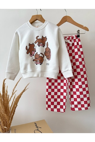 Magu Kız Çocuk Kedi Baskılı Ekru Sweatshirt Ve Kırmızı Dama Desenli Eşofman Takımı Çok Renkli
