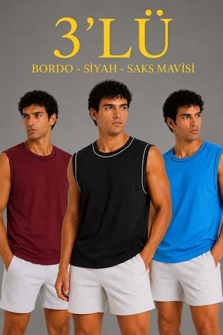 Tarz Yeri Erkek 3 Lü Kolsuz Sporcu Atlet Seti Yazlık Bisiklet Yaka - Siyah, Bordo, Turkuaz Çok Renkli