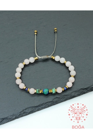 Sertifikalı Aa+azurit-malakit, Zümrüt, Pembe Kuvars, Lapis Ve Gold Hematit Kadın Bileklik-boğa Burcu Pembe