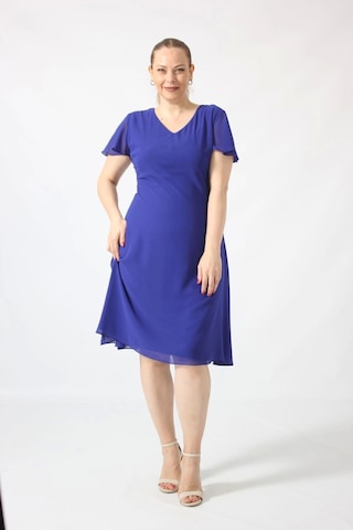 Moda Berray 3297 Saks Kolu Fırfırlı Bele Oturan Astarlı Şifon Elbise Saks Saks Mavi