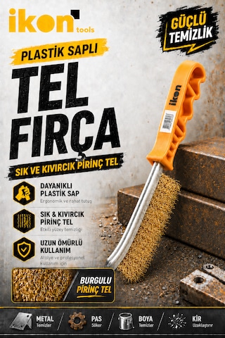 İkon Tools Plastik Saplı Tel Fırça Çelik Tel Bakır Kaplama Metal Pas Boya Kir Temizleme Fırçası