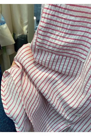 Pera Moda Çift Cepli Arkası Uzun Önü Kısa Luna Keten Çizgili Oversize Gömlek Pembe