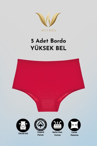 Wcreas Yüksek Bel Pamuklu Kadın Külot, 5'li Paket Pamuklu Yumuşak Kumaş Kadın Külot Bordo