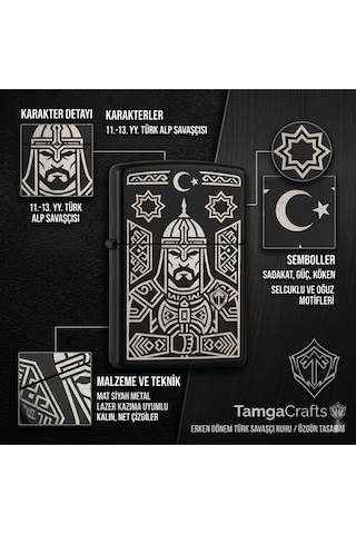 Özel Tasarım Türk Alp Savaşçısı Ve Selçuklu Motifli Lazer Kazıma Mat Siyah Metal Çakmak