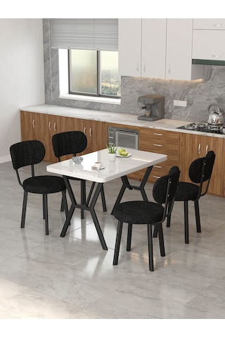 Azra 70x110cm Beyaz Mutfak Masası, Mutfak Masası Takımı, Yemek Masası, 4 Siyah Sandalye Siyah