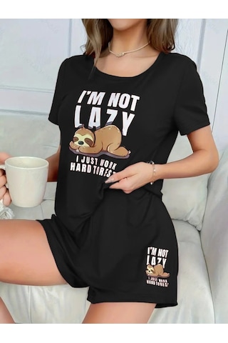 Reka Moda Kadın Kısa Kollu Bisiklet Yaka Baskılı Viskon Bluz Ve Şort Ikili Takım Siyah