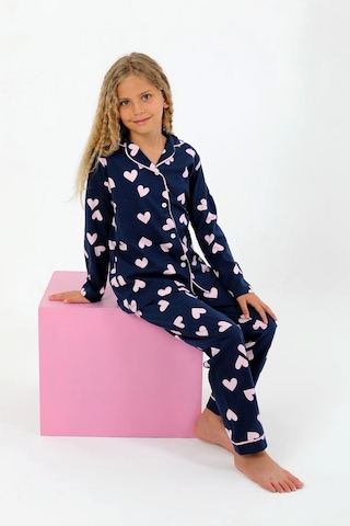 Kız Çocuk Uzun Kollu %100 Pamuklu Düğmeli Pijama Takımı Heartie Indigo
