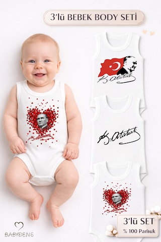 Babyden's 3 Lü Atatürk Temalı Bebek Body Seti %100 Pamuk Kolsuz Çıtçıtlı Zıbın Yenidoğan & Bebek Body Takımı Beyaz
