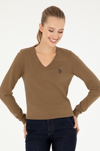 U.S. Polo Assn. Kadın Koyu Haki Melanj V Yaka Basic Kazak 50293542-VR126