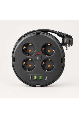 Güncelçarşı 4'lü Akım Korumalı Makaralı Priz 2 Metre Kablolu 2200w 1050j 2 X Usb, 2 X Type-c Girişli Açma Kapama Düğmeli Çoklu Priz 0 - 2 M