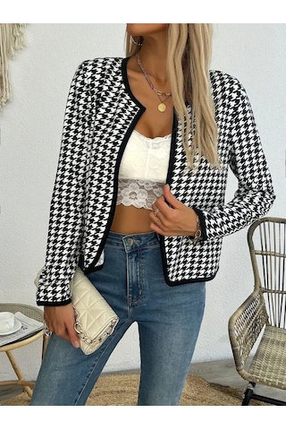 Kadın Uzun Kollu Kaz Ayağı Desenli Şardonlu Dalgıç Ceket DESENLİ