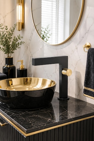 Fontana Fk-2015 Siyah Gold Detaylı Lüks Lavabo Bataryası Mat Siyah Modern Lavabo Bataryası Altın - Mat Siyah