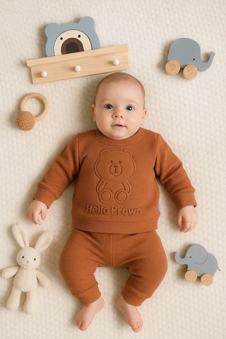 Veraura Lifestyle Bear Gofre Kabartmalı 2'li Erkek Bebek Takımı Kahverengi