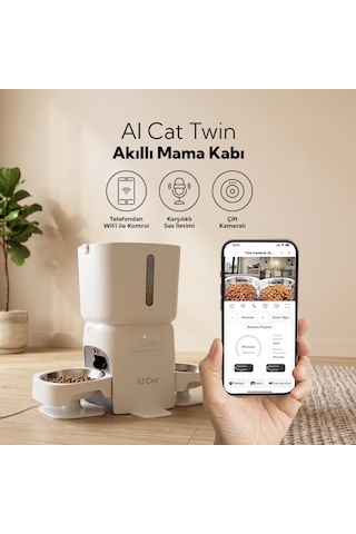 Aı Cat Twin Otomatik Mama Kabı - Çift Kameralı, Sesli Etkileşimli, 2 Kaseli Kedi & Köpek Mama Dağıtıcı
