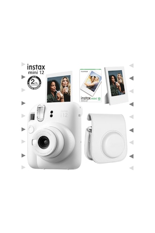 Fujifilm Instax Mini 12 Fotoğraf Makinesi + 10'lu Film + Çerçeve + Deri Kılıf Seti Beyaz