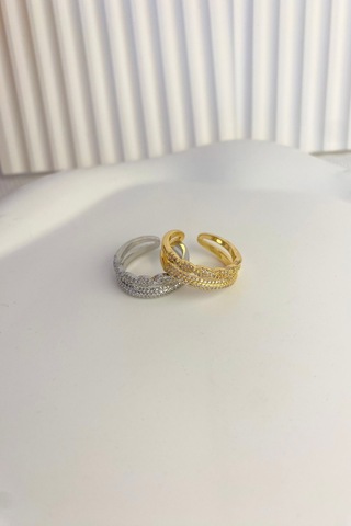 Demokan İki Sıra Zirkon Taş Düz Örgü Yüzük Gold - Gümüş