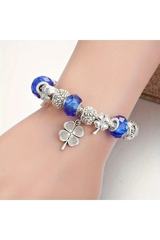 Şans Yonca Bileklik Mavi Charmlı Crystal Gümüş