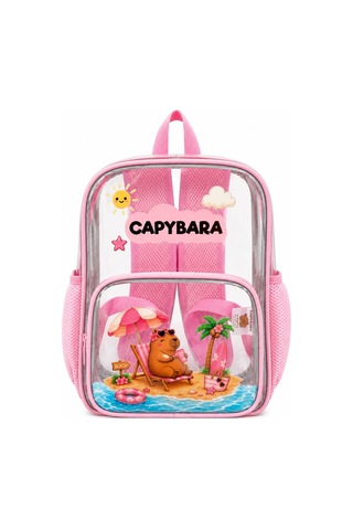 Capybara Lisanslı Şeffaf Çocuk Çantası - Hafif Ve Dayanıklı Şeffaf Sırt Pembe