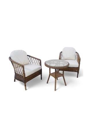 Monalin Mobilya Miami Kahverengi 2 Kişilik 1-1-masa Rattan Örgü Bahçe & Balkon & Teras Oturma Grubu Minderli & Camlı & Masalı Takım Kahverengi