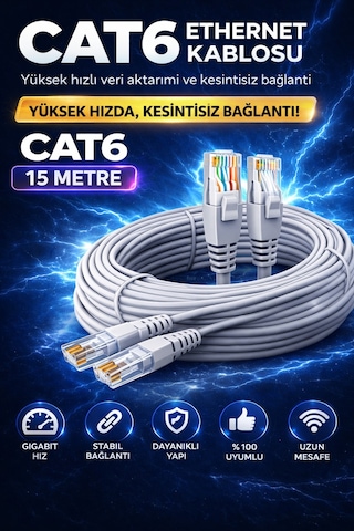 CAT6 Ethernet Kablosu 15m Gigabit LAN Kablosu Yüksek Hızlı İnternet Kablosu
