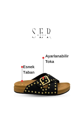 Sermoda Troklu Kadın Terlik - Tokalı Troklu Rahat Ve Esnek Taban Kadın Terlik Siyah