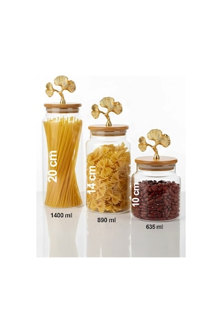 3'lü Bambu Kapaklı Metal Ginkgo Figürlü Şeffaf Cam Kavanoz Şeffaf Cam Saklama Kabı 635/890/1400ml Şeffaf