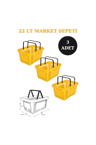 3 adet 22Litre Market ve Alışveriş Sepeti, Saplı Market Sepeti S