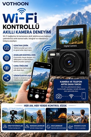 5k 75mp 18x Zoom Flaşlı 3 Flip Ekranlı Türkçe 32gb Kart Dijital Vlog Fotoğraf Makinesi Lens Hediyeli Diğer