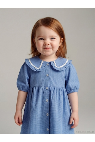 Meral Collection Mavi Nakışlı Bebe Yaka Kareli Kız Bebek Elbise Mavi