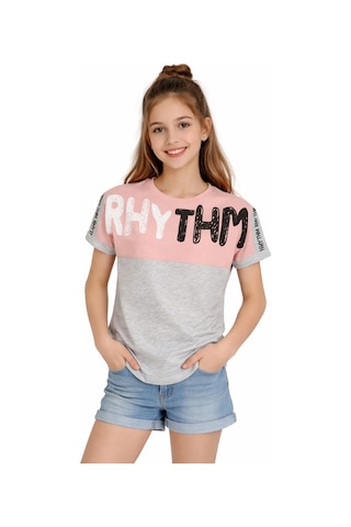 İrem Çocuk Giyim Kız Çocuk Rhythm Yazı Desenli Pudra Renk Kısa Kol Tişört Pembe