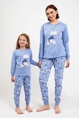 Kız Çocuk Pamuklu Uzun Kollu Kedili Pijama Takımı-11394 Indigo