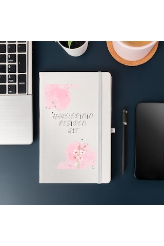 Hayallerinin Peşinden Git Yazılı Çiçek Desenli Kişiye Özel Deri Kapak Defter Beyaz