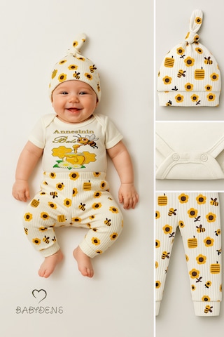 Babyden's 3 Lü Yenidoğan Takım, Annesinin Balı Baskılı Kısa Kol Body Arı Çiçek Desenli Pantolon Bere Ekru