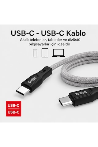 Sbs Magnetic Usb-c To Usb-c 1 Metre 60w Hızlı Şarj Ve Veri Aktarım Kablosu Manyetik Örgülü Renk - Gri