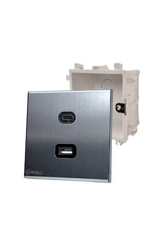 MERALLI INOX USB + USB Type-C güç prizi (20W), hakiki fırçalanmış paslanmaz çelik, çerçevesiz 86×86 Modüler kasa dahil