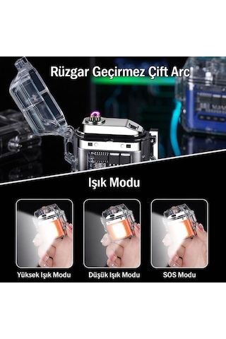 Valkyrie Ip56 Su Geçirmez Çift Arc Elektrikli Çakmak Type-c Şarjlı Işıklı & Güç Göstergeli Siyah