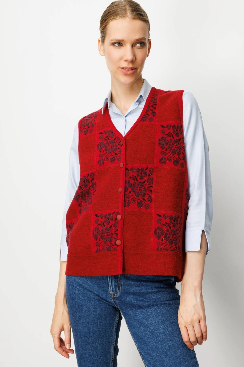 Desen Triko Kadın Pıtırcık Çiçekli Patchwork Keçe Yün Yelek Y.kırmızı K.mürdüm Y.kırmızı K.mürdüm