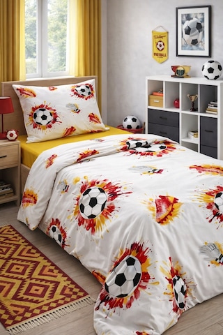 %100 Pamuklu Tek Kişilik Taraftar Nevresim Takımı 160x220 Lastikli Çarşaf 120x200+30 Çok Renkli