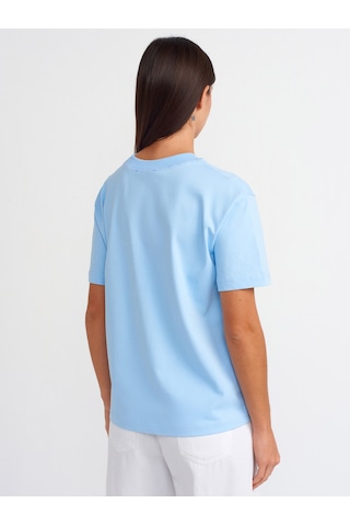 Dilvin 30312 %100 Pamuk Dekoratif Dikişli Bisiklet Yaka T-shirt-açık Mavi Açık Mavi