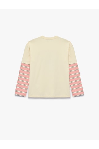 Koton Pamuklu Bisiklet Yaka Baskılı Renk Kontrastlı Uzun Kollu Tişört Bej 7wkg10383ak Ekru